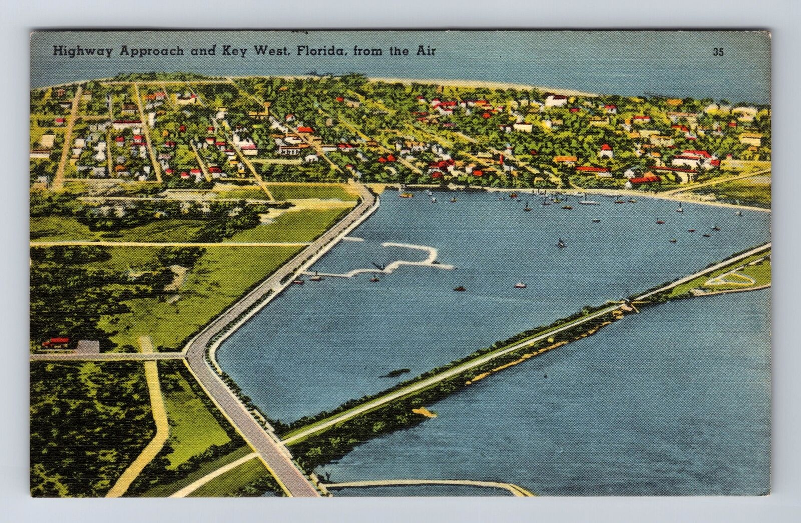 Key West FL-Florida, Highway Approach From The Air, Vintage c1940 Postcard