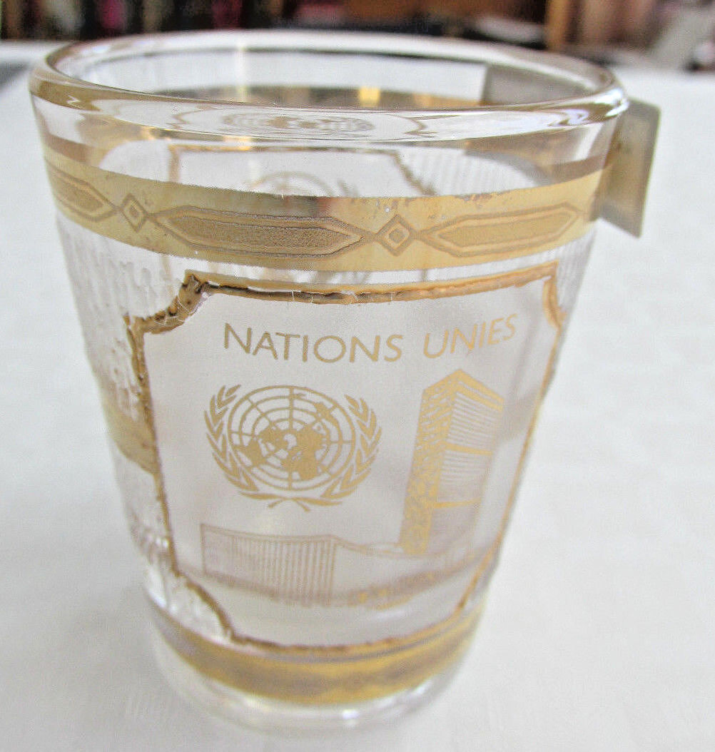 Vintage CULVER 22KT Gold Plated Glass United Nations UN Shot Glass, with Sticker