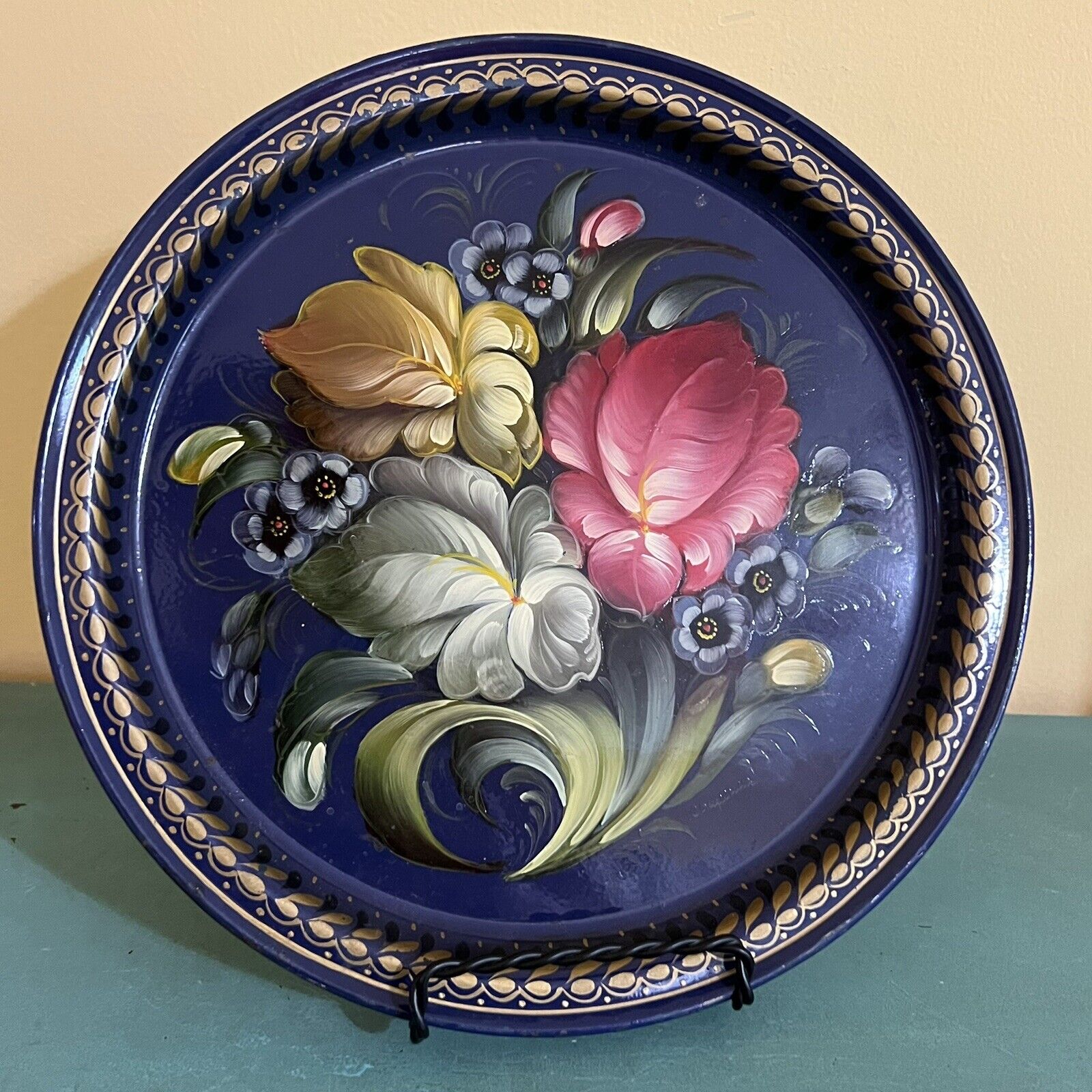 Vintage Russian Enamel Hand Painted 8.5” Dresser Tray Plate Blue Floral Toleware