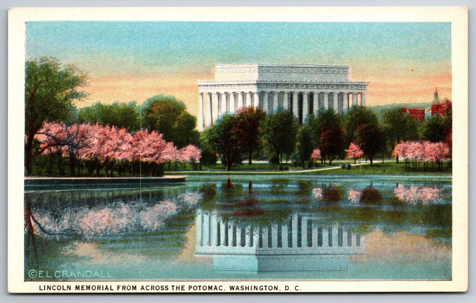 Lincoln Memorial Across Potomac Washington DC El Crandall White Border Postcard