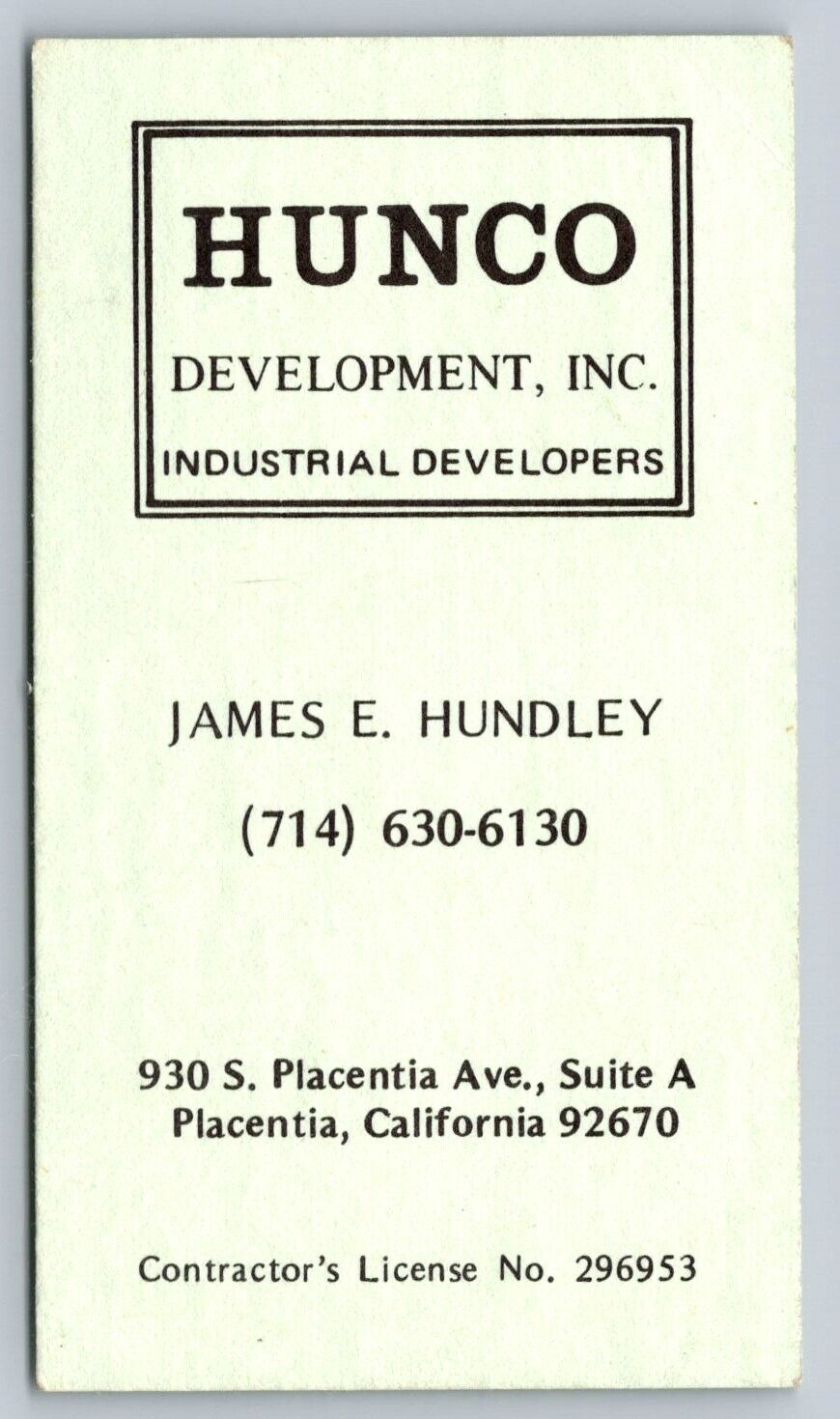 Vintage Business Card Hunco Development Inc Hundley Placentia California