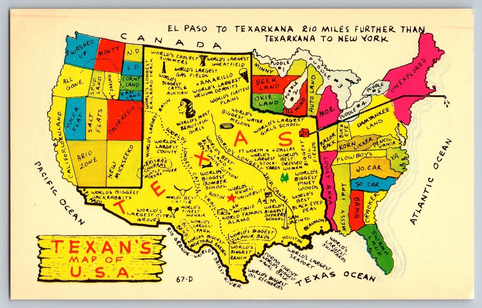 Texarkana, Texas TX - Texan\'s Map of U.S.A. - Vintage Postcard - Unposted