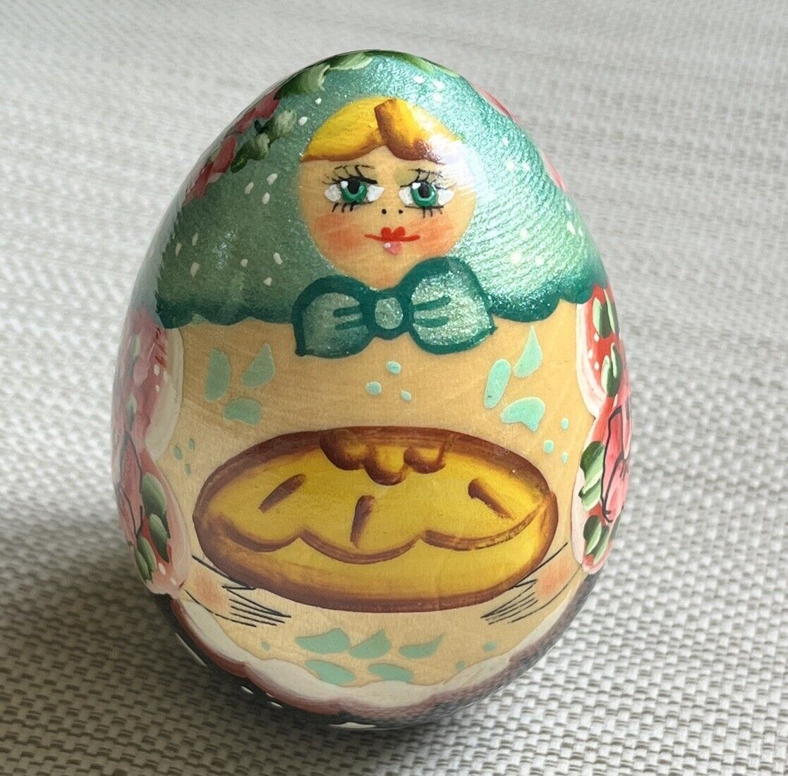 Vintage Hand Painted Russian Egg Wooden Woman Holding A Pie Baker