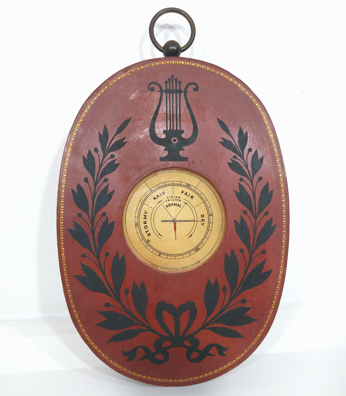 VERY RARE Vintage Howard Miller Barometer in Guilded Leather Laurel Leaf Case