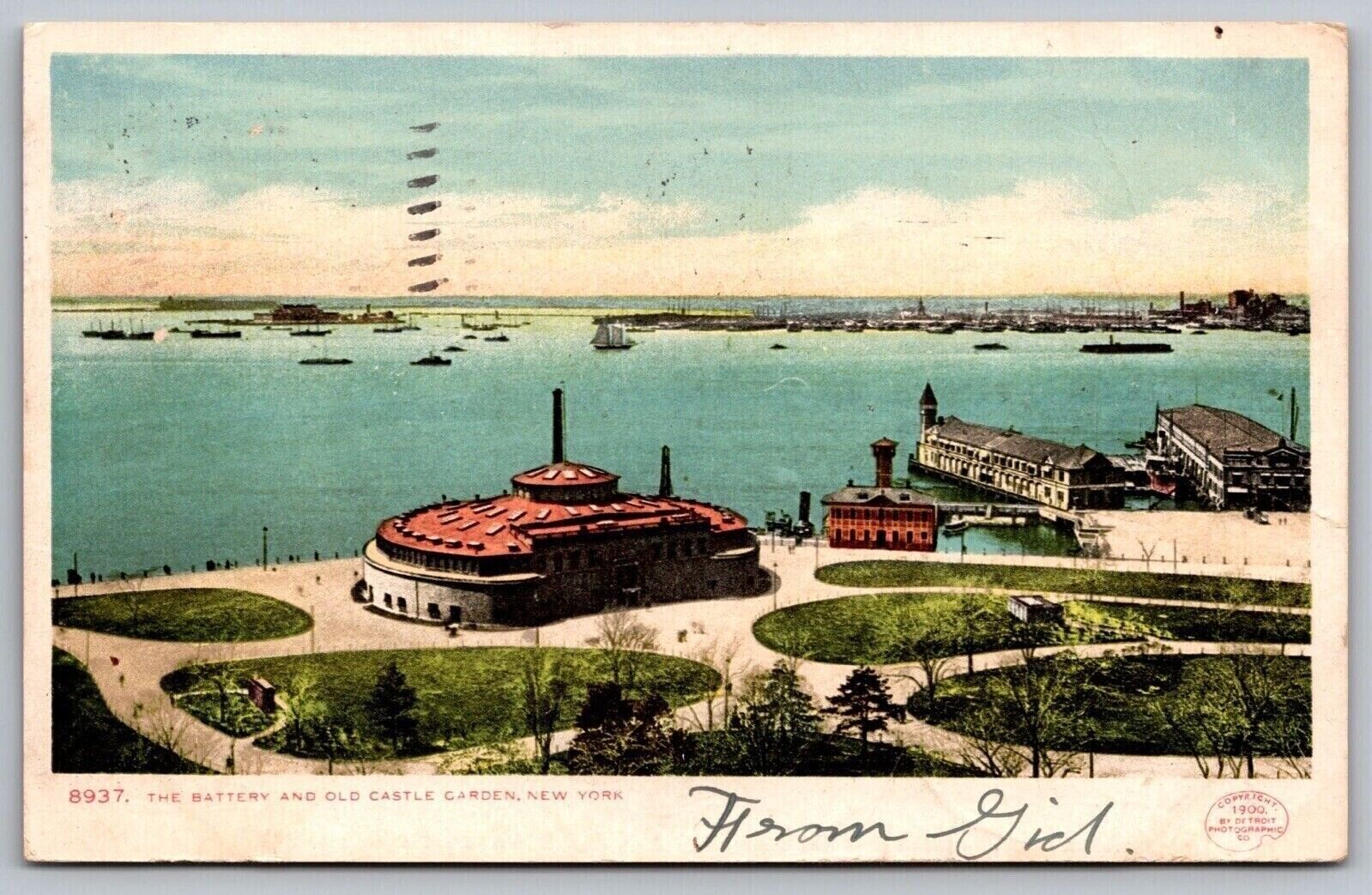 Battery Old Castle Garden New York Birds Eye View Cancel 1906 Madison Postcard