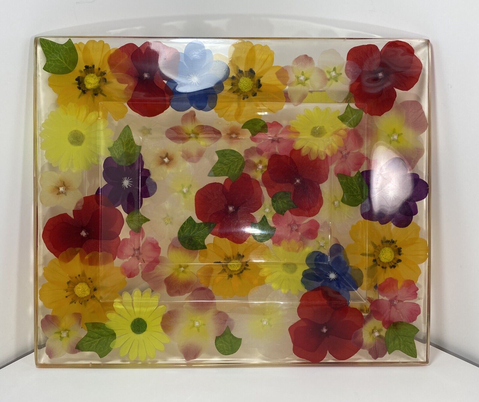 Vtg Acrylic Lucite Display Bowl Tray w/Embedded Multicolor Silk Flowers 10x12 in