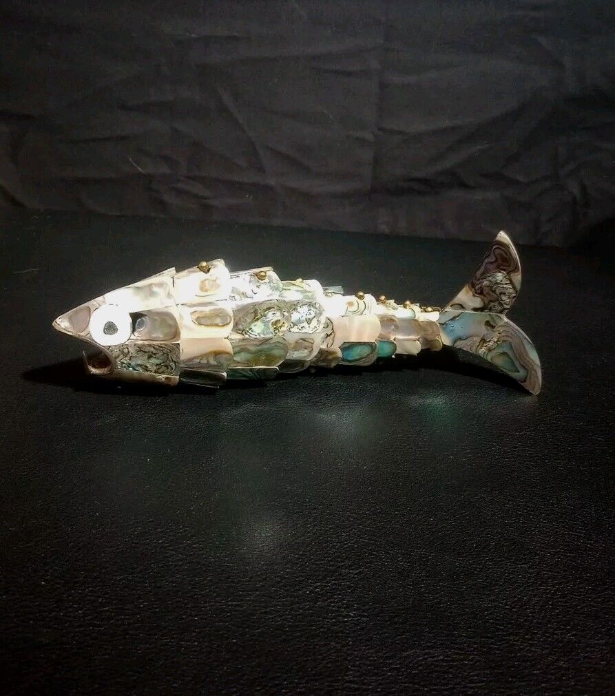 Vintage Fish Articulated Jointed Abalone Shell & Silver Tone Bottle Opener 7\