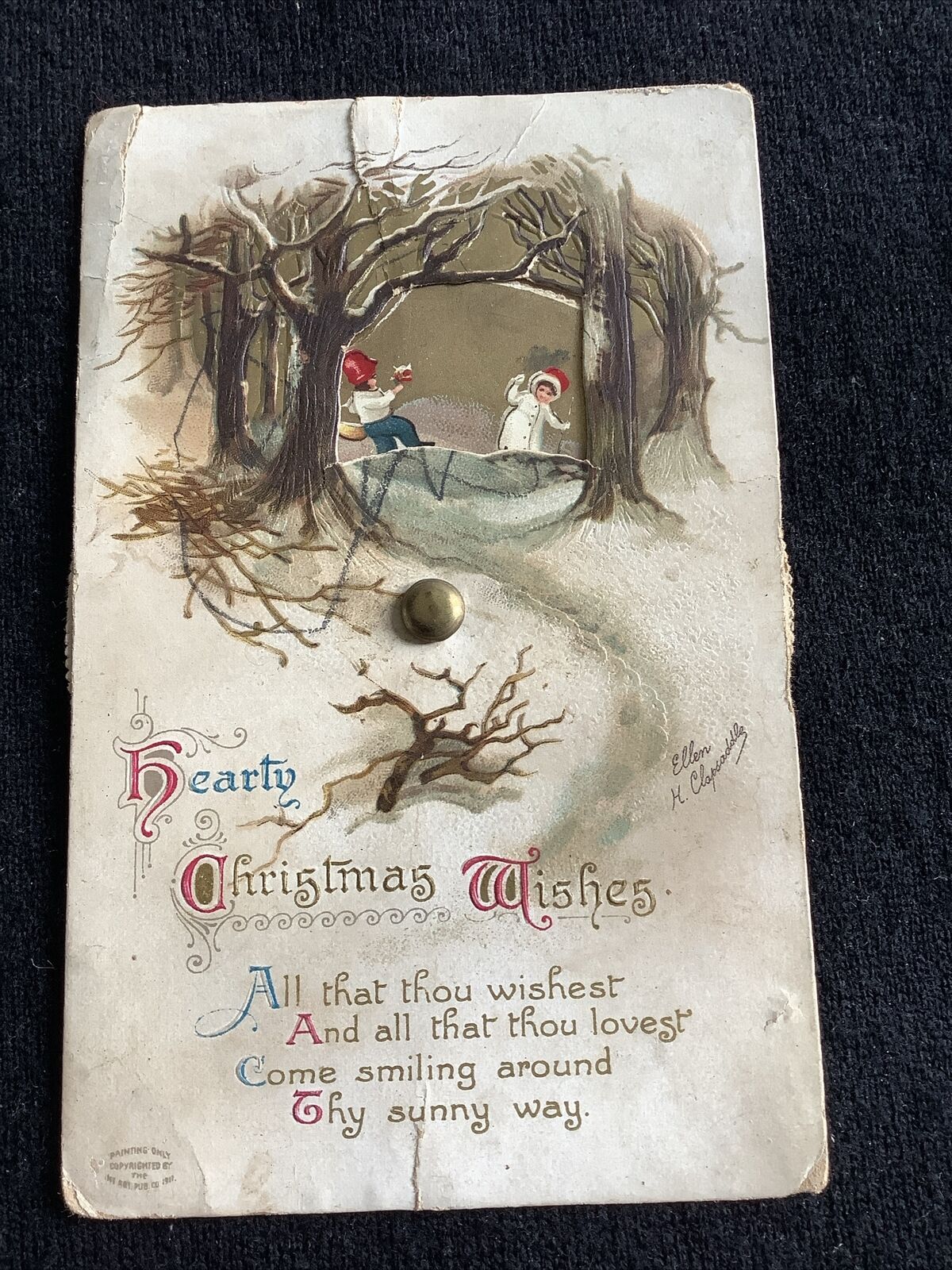 RARE Ellen Clapsaddle Mechanical Christmas Vintage Postcard Spinner Dial Flaws
