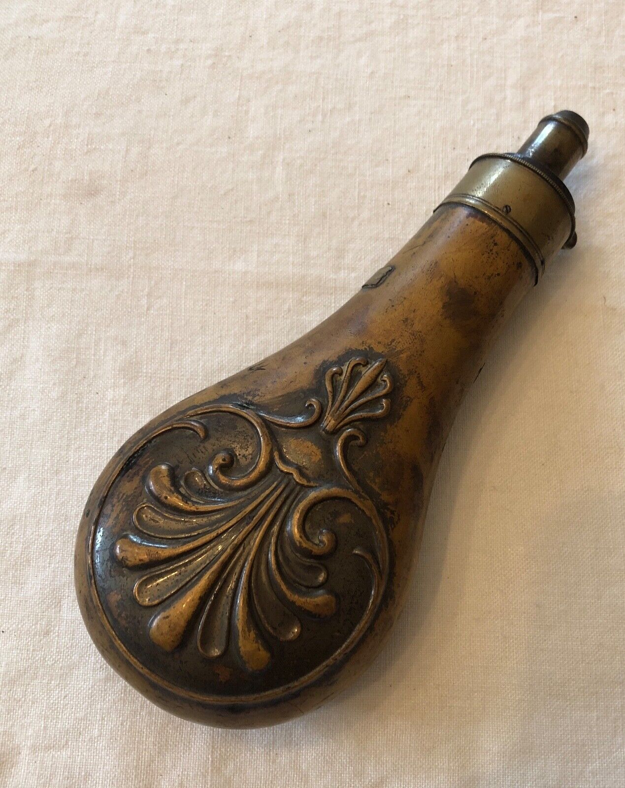 Antique G & JW Hawksley Copper Brass Gun Powder Bottle Flask Shell Scroll 7.75\