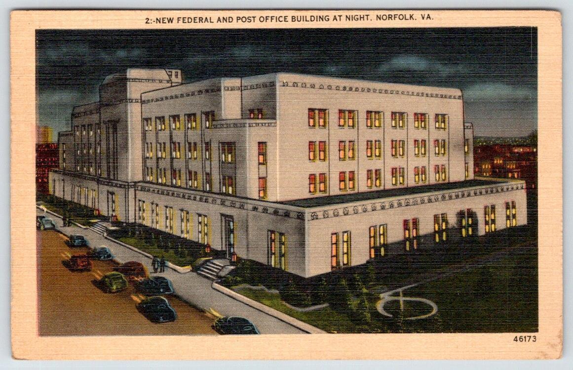 1945 NEW FEDERAL & POST OFFICE BUILDING AT NIGHT NORFOLK VIRGINIA LINEN POSTCARD
