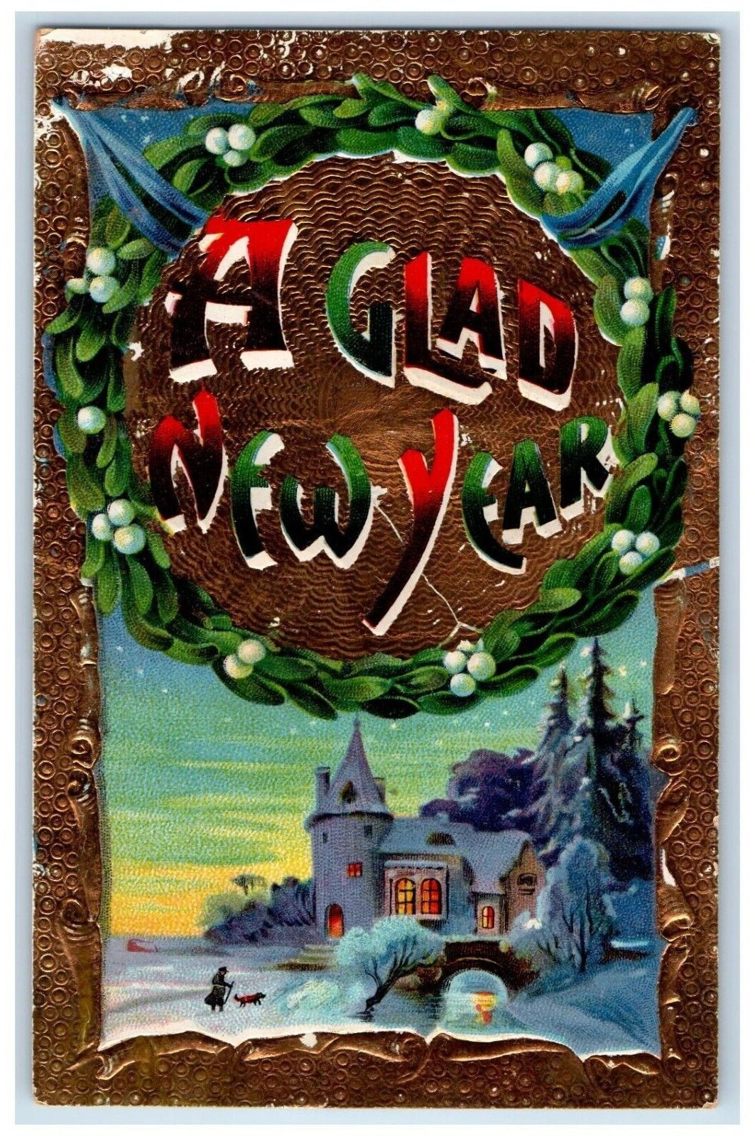 c1910\'s New Year Holly Wreath Winter Snow Gel Gold Gilt Embossed Postcard