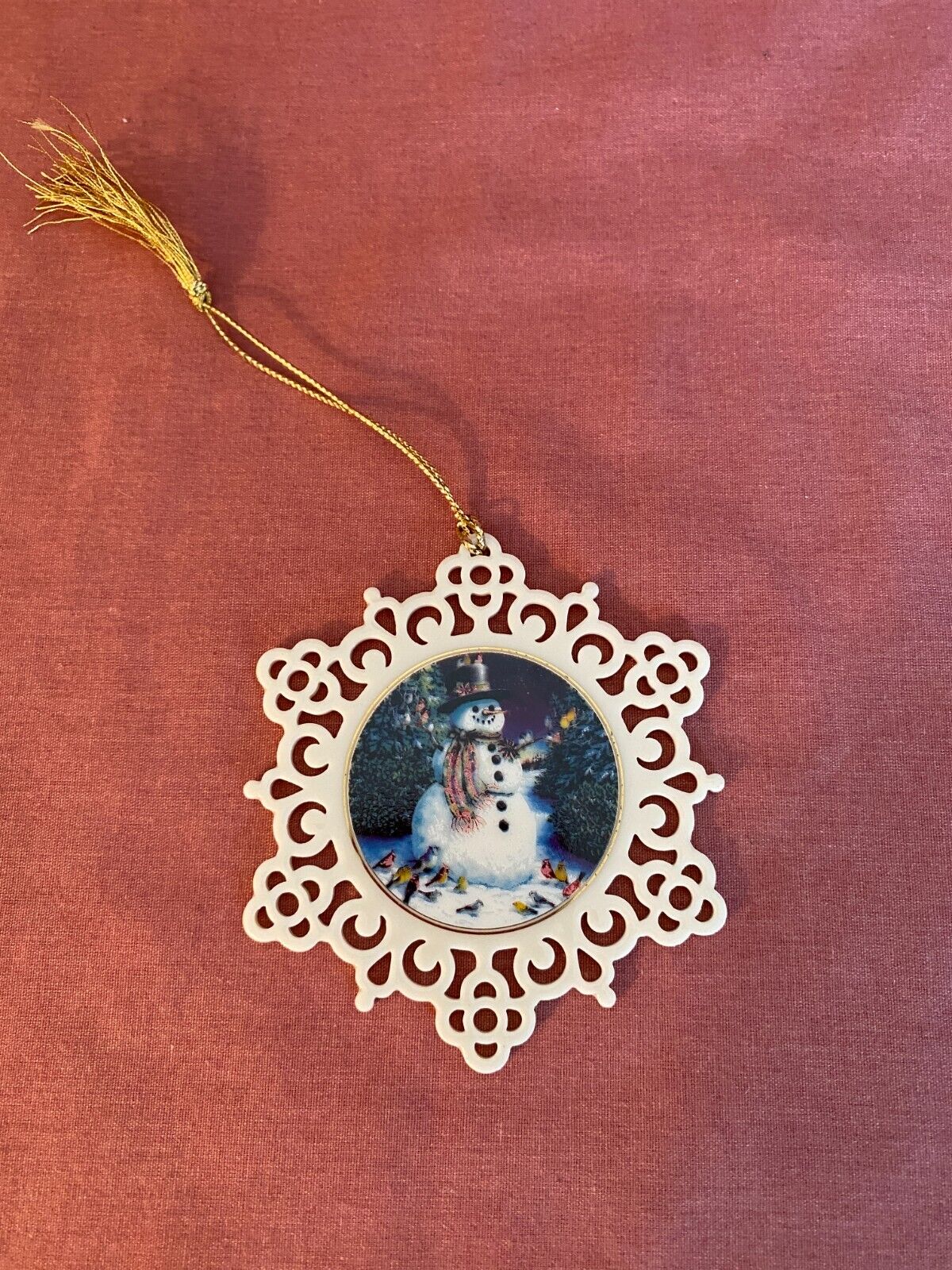 Lenox Snowflake Christmas Pierced Porcelain Ornament with Snowman and Birds
