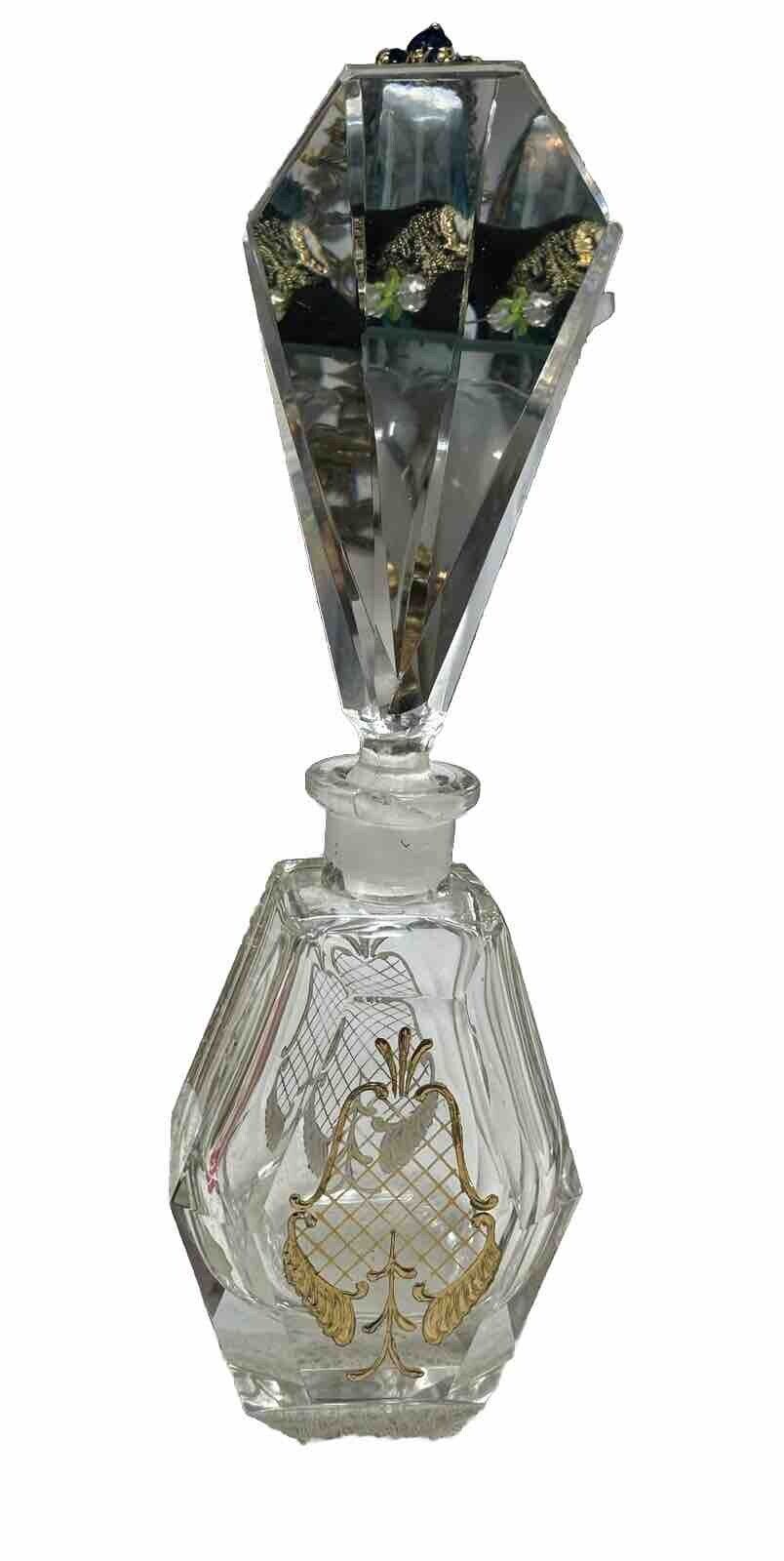 VINTAGE Ornate Crystal Glass Perfume Bottle with Gold Overlay