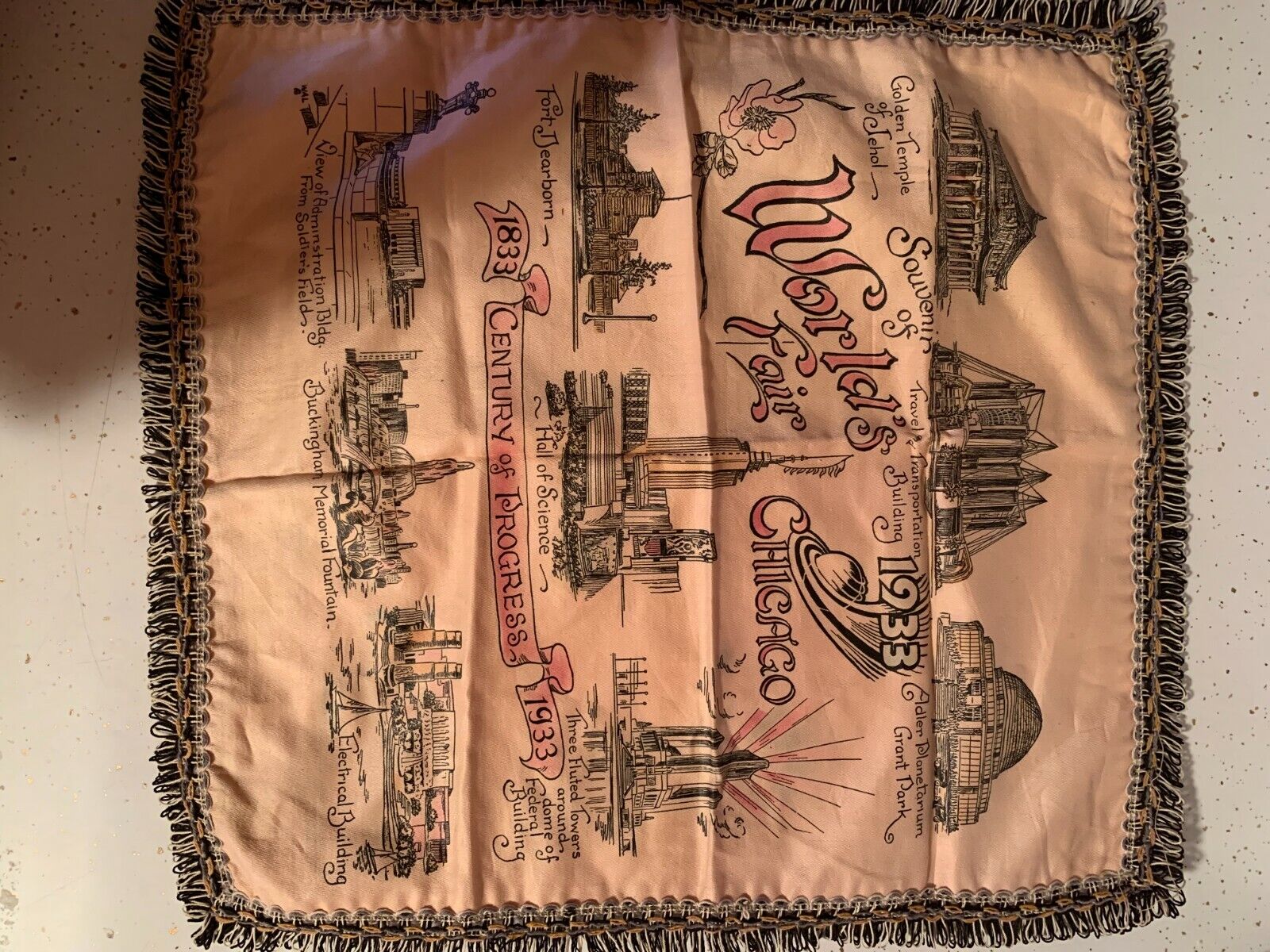 Vintage 30s 1933-1934 CHICAGO WORLDS FAIR Souvenir Satin Pillowcase Pillow Cover