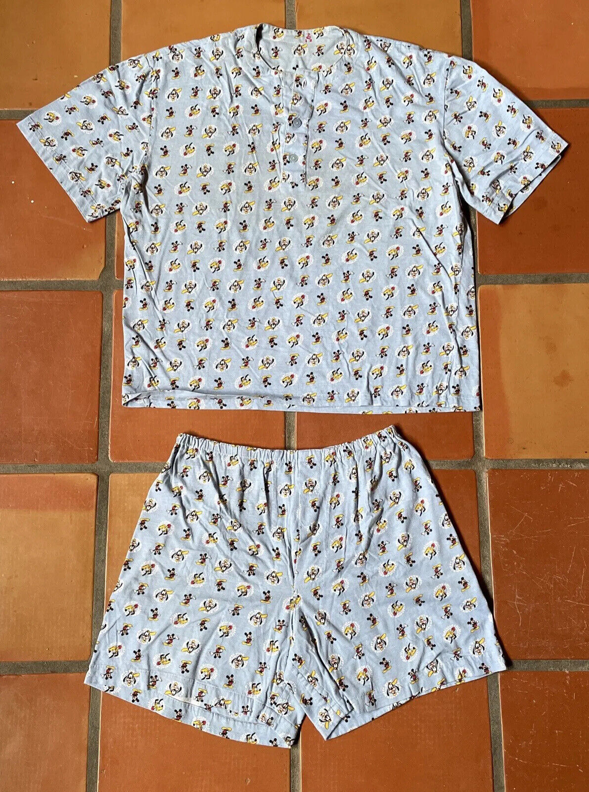 Vtg Mickey Mouse Goofy Pluto Two Piece Pajama Set Henley Shirt Boxers Men’s XL