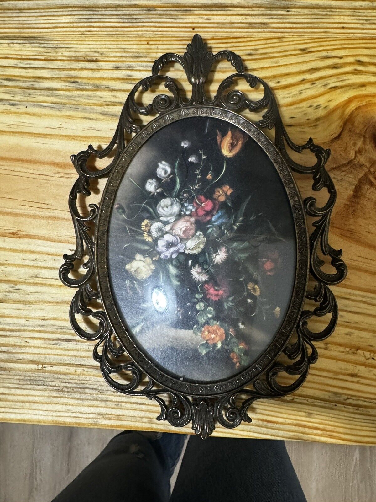 Vintage Victorian Floral Art, Ornate Oval Brass Frame Made In Italy