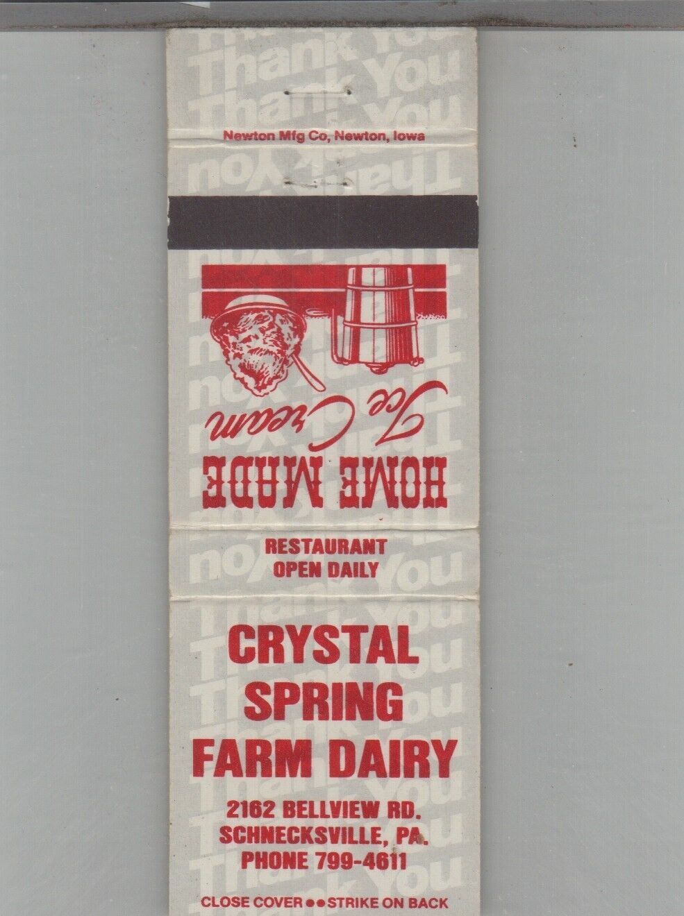 Matchbook Cover Crystal Spring Farm Dairy Schnecksville, PA