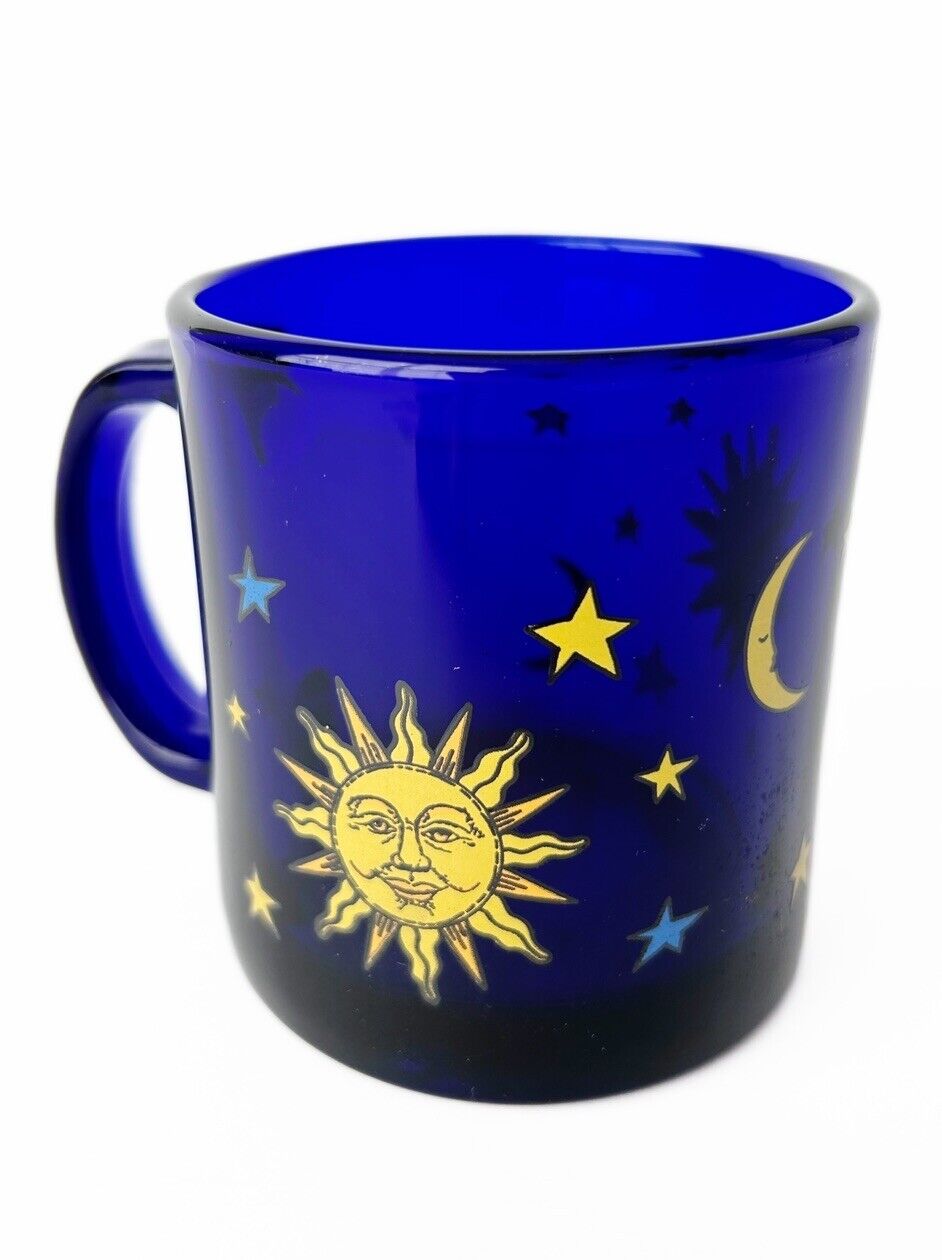 VTG Libbey CELESTIAL Sun Moon Stars FRIENDS Coffee Mug Cobalt Blue USA 90s