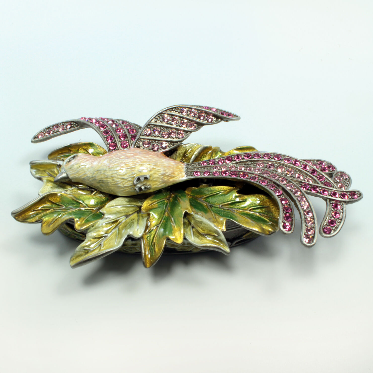 Jeweled bird of paradise trinket box, Faberge  figurine, with crystals in rose
