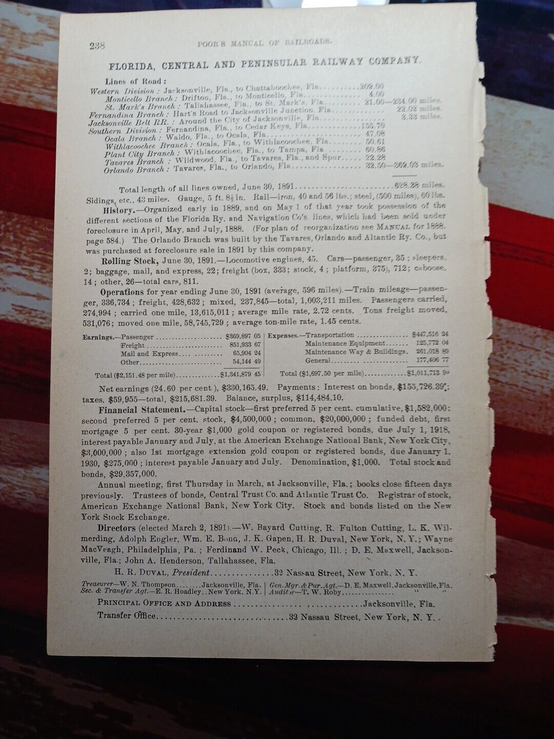 ~1892 Train Report FLORIDA, CENTRAL & PENINSULAR RAILWAY Drifton Waldo Tavares 