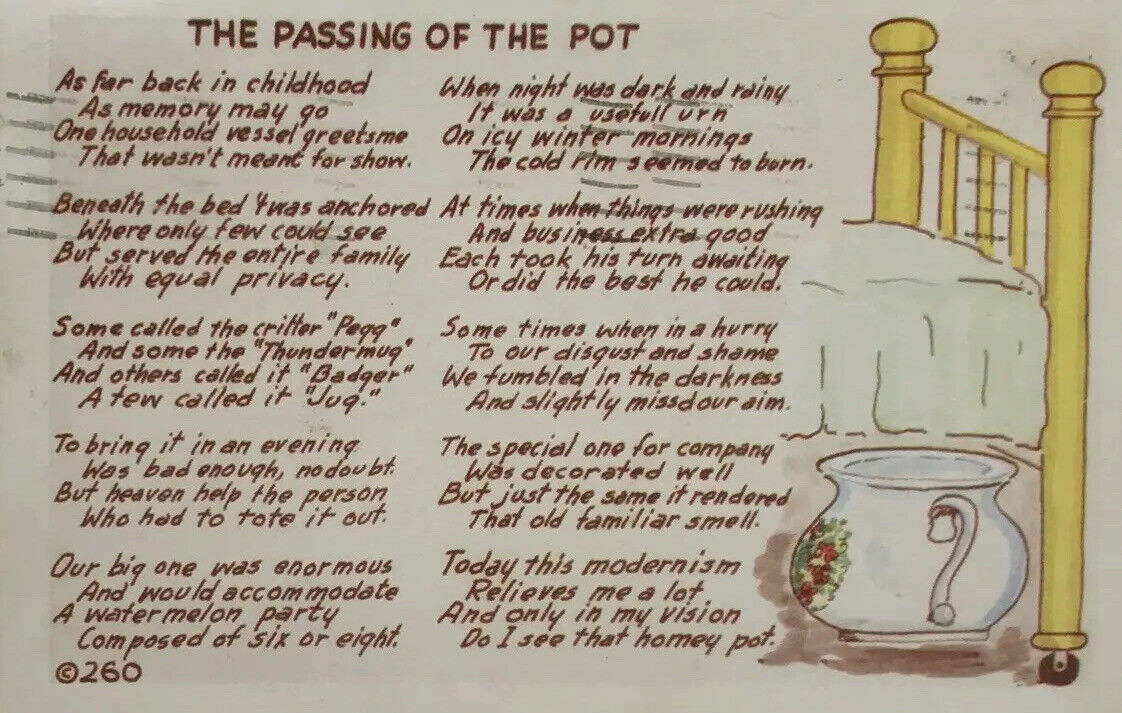 Vtg Funny Humor Postcard The Passing Of The Pot Chamber Toilet Kromekolor 1953