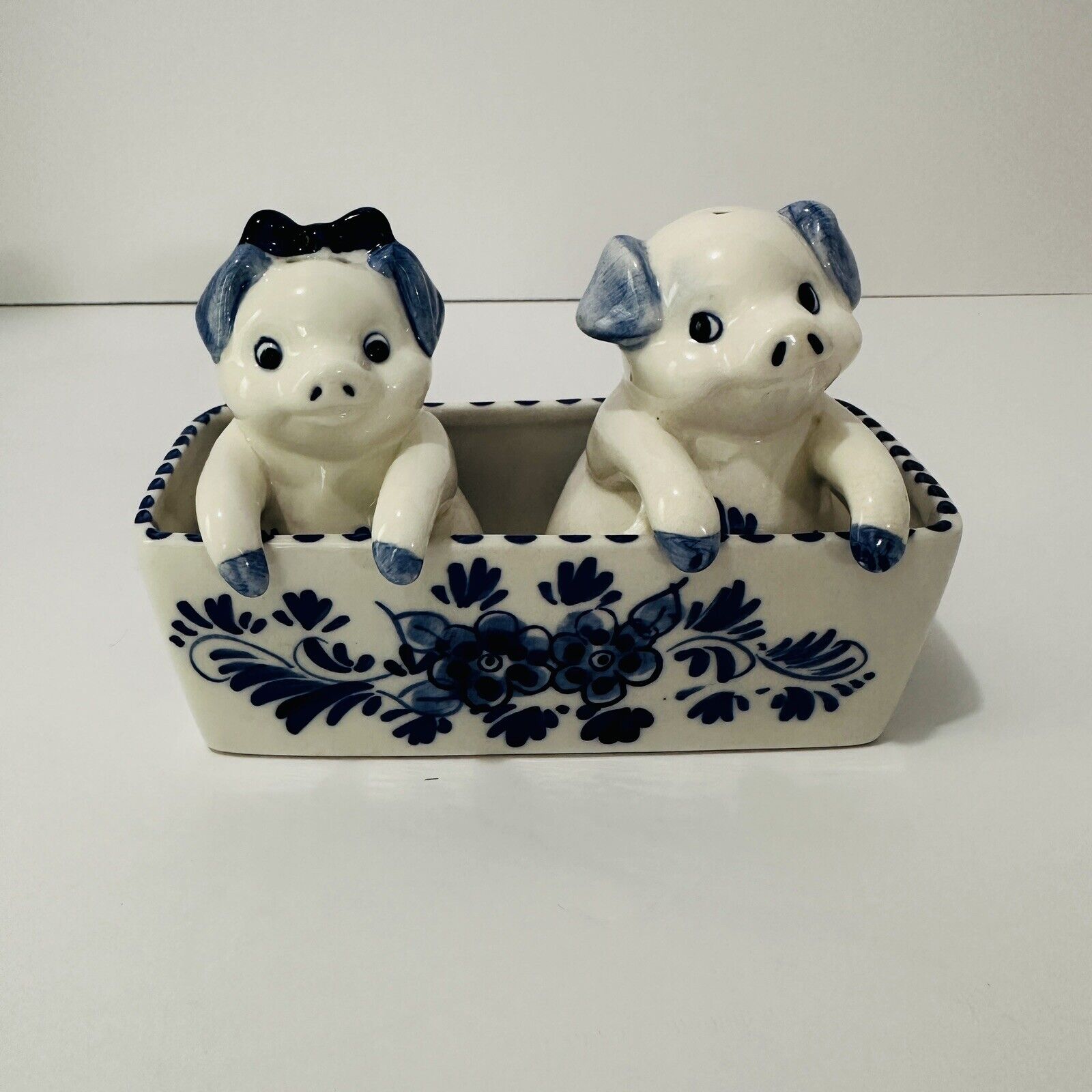 Vintage Delft Blue Salt & Pepper Shakers (3 Piece) Pigs in Trough Hand Painted