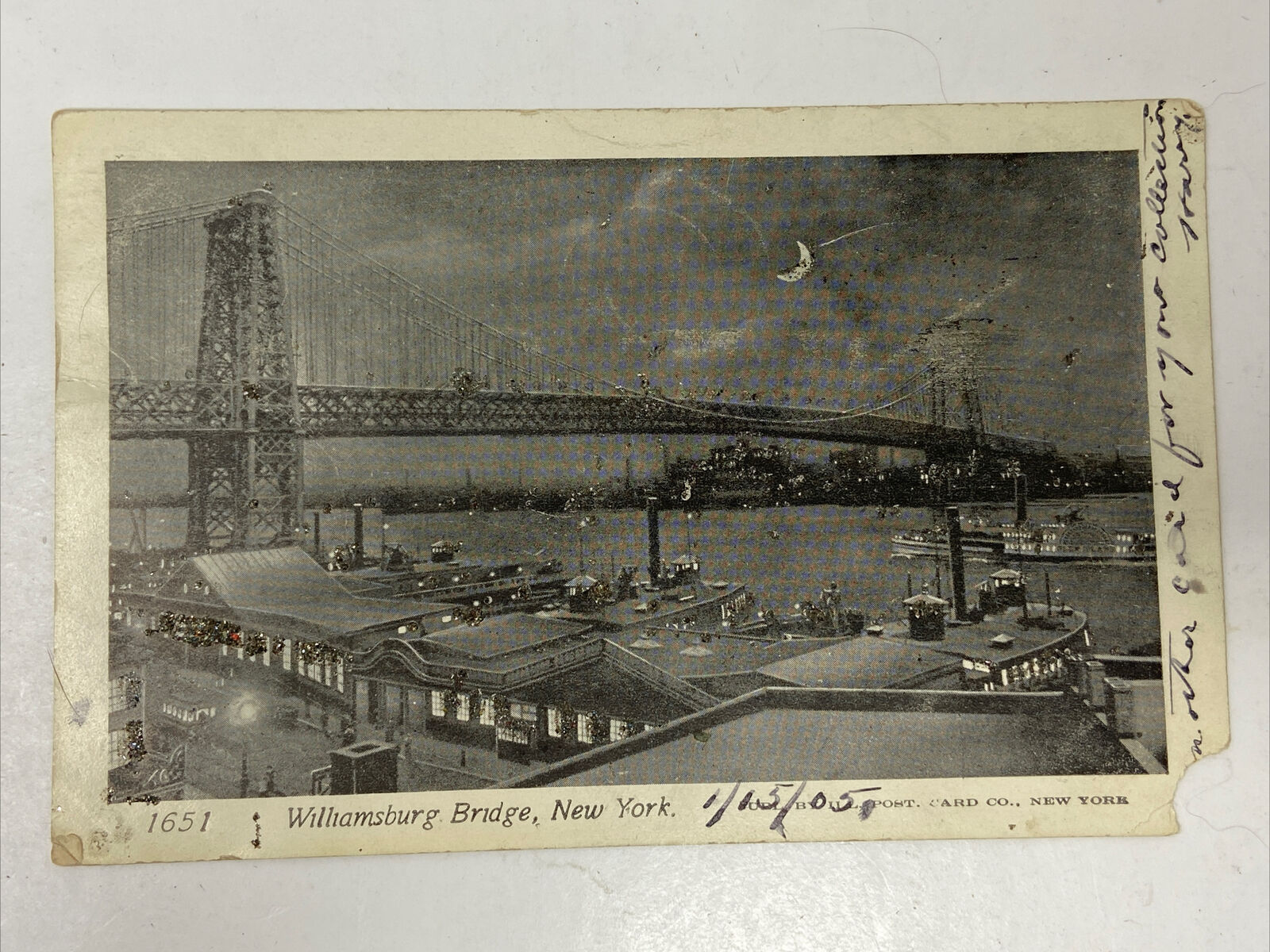 1905 Williamsburg Bridge New York Postcard Mica Embellishment Damaged Corner