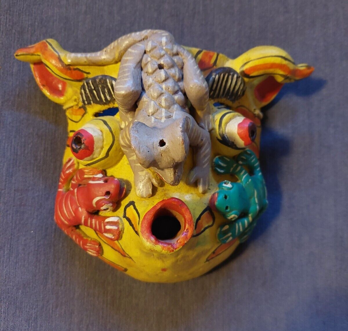 Vintage Hand-Crafted Mexican Clay Lizard Mask