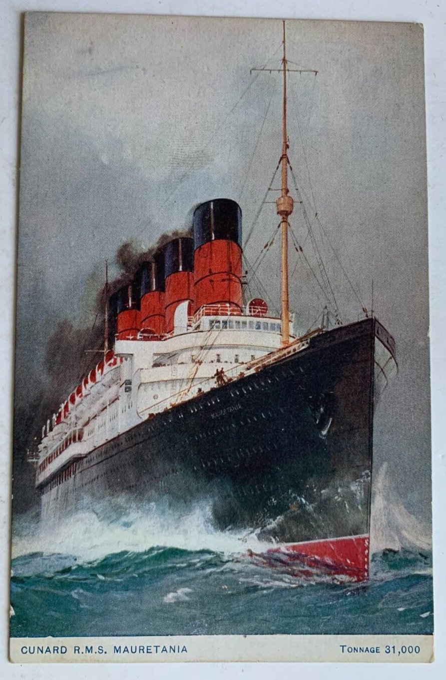 Vintage ca 1910s Ship Postcard Cunard Line RMS Mauretania steamer at sea art