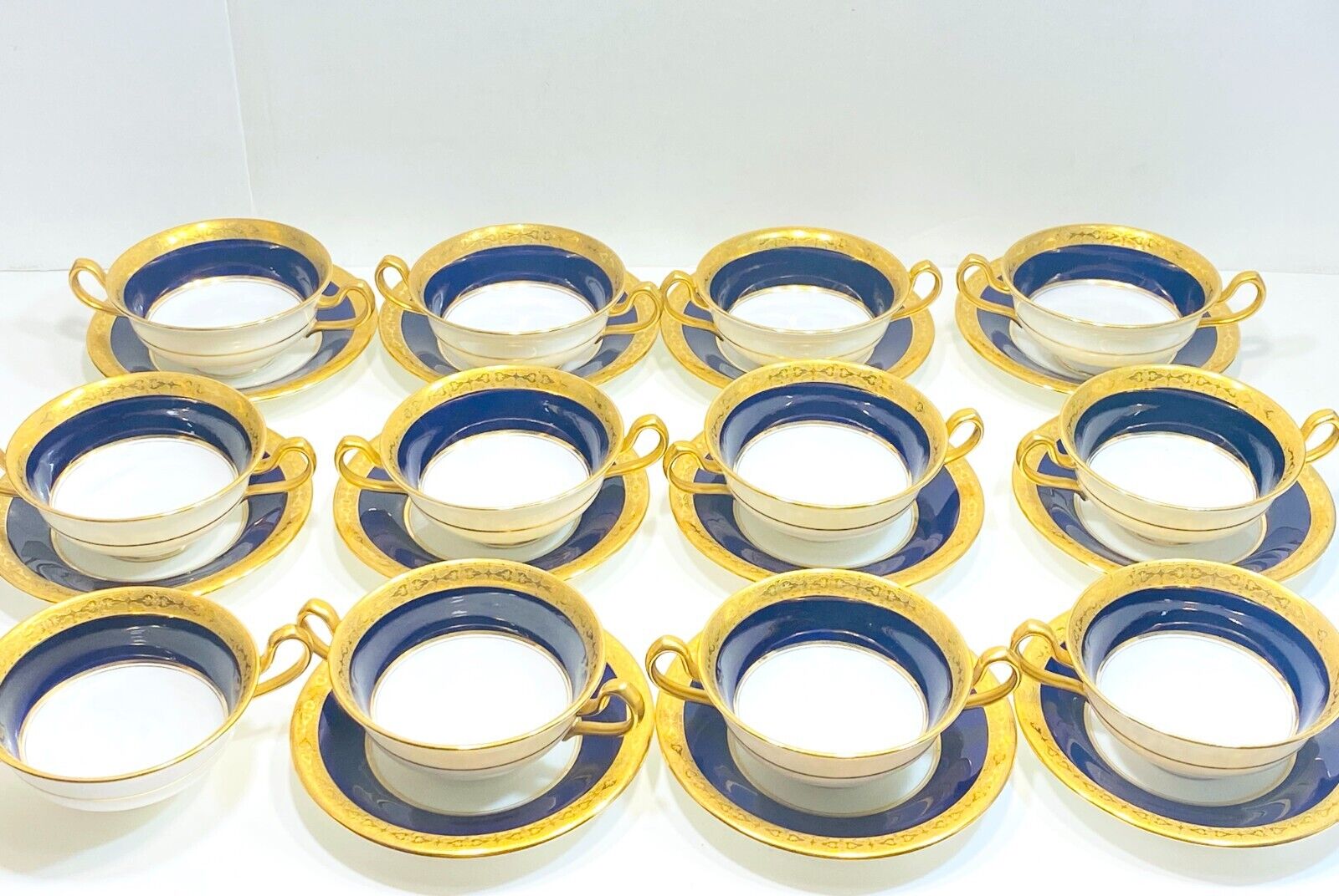 Set of 12  Minton for Ovington Bro. cream soup bouillon bowl , cobalt blue, gilt
