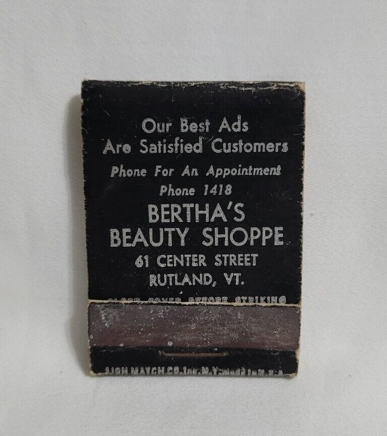 Vintage Bertha's Beauty Shop Salon Matchbook Cover Rutland Vermont Advertising