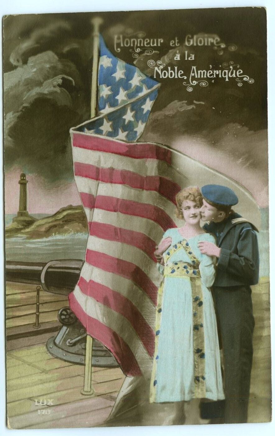 Honor & Glory to Noble America Sailor and Woman American Flag Patriotic Postcard