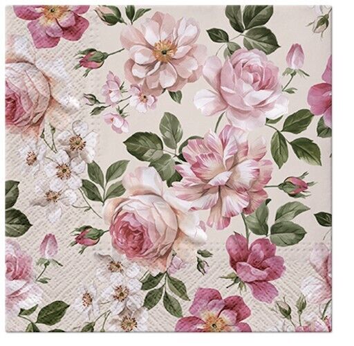 Paper Luncheon Decoupage Napkins Vintage Pink Roses Floral - Two  Single Napkins