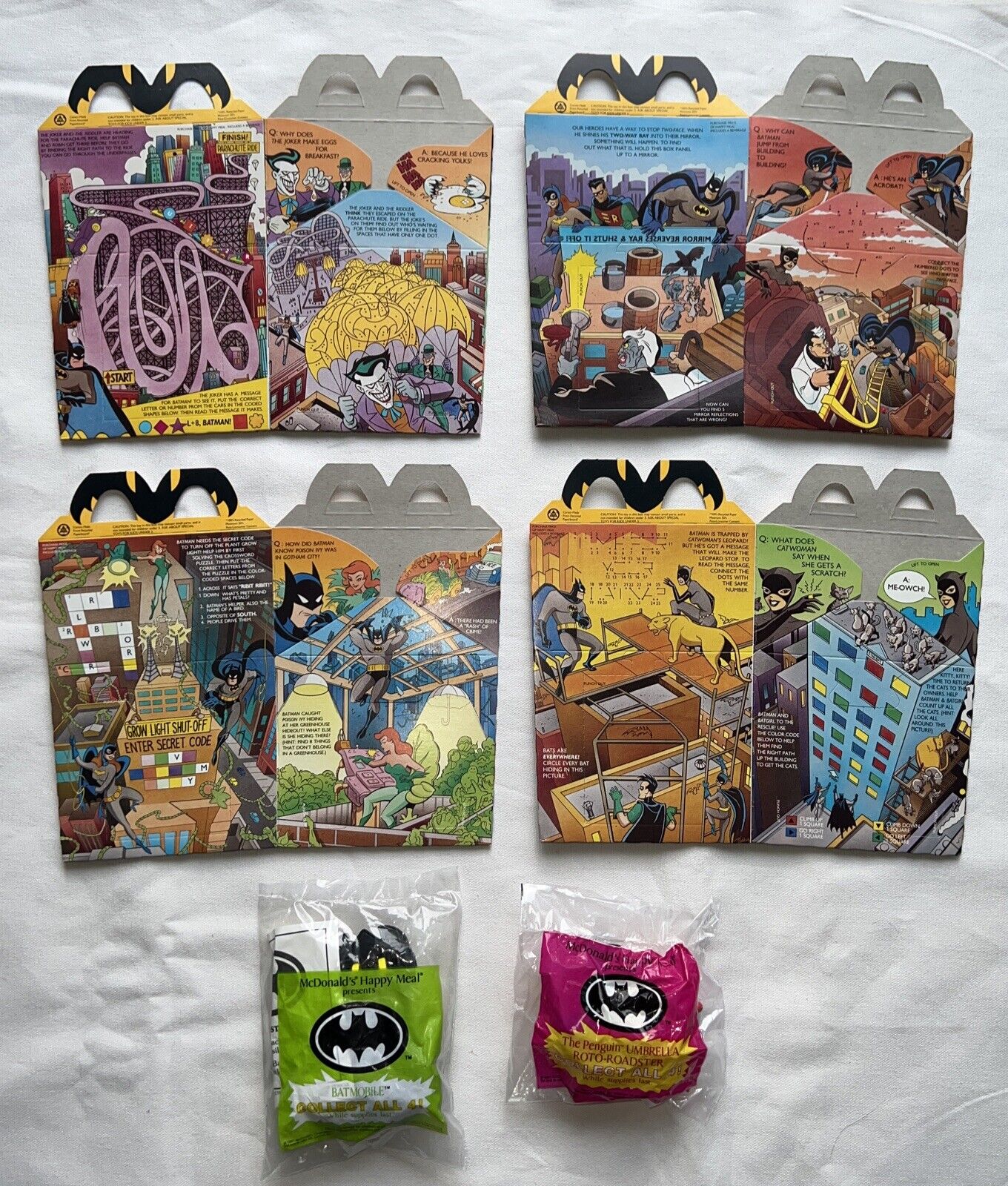Complete Set of 4 McDonald’s/Batman Happy Meal Boxes & 2 Happy Meal Toys - NEW