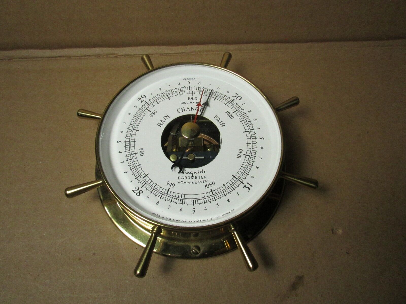 Vintage Brass Ship\'s Wheel Airguide Compensated Barometer Fee & Stemwedel USA