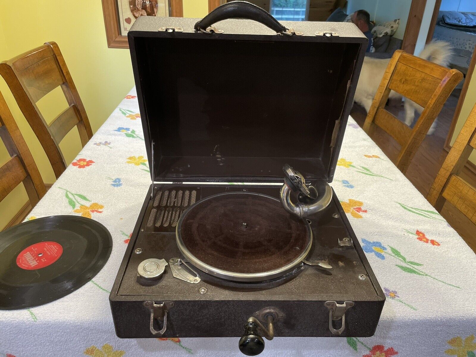 Works SEE VIDEO Hand Crack RECORD PLAYER Antique PHONOGRAPH w Needles PORTABLE