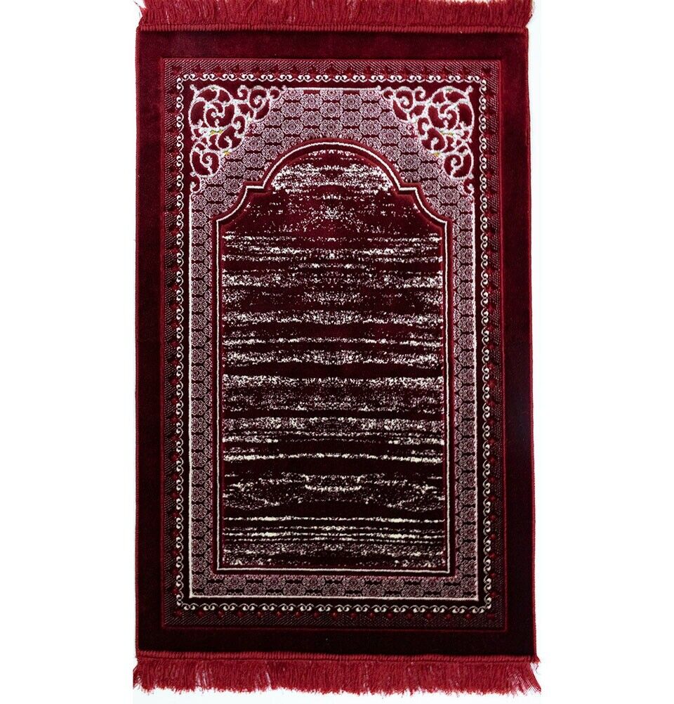 Modefa Lux Plush Geometric Velvet Janamaz Turkish Islamic Prayer Rug - Red