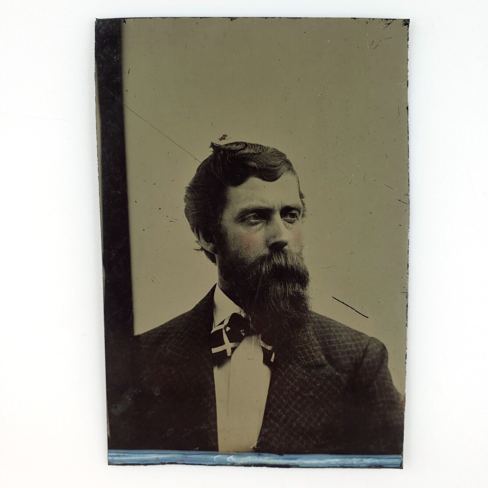 Big Beard Bowtie Man Tintype c1870 Antique 1/6 Plate Tweed Jacket Photo H902
