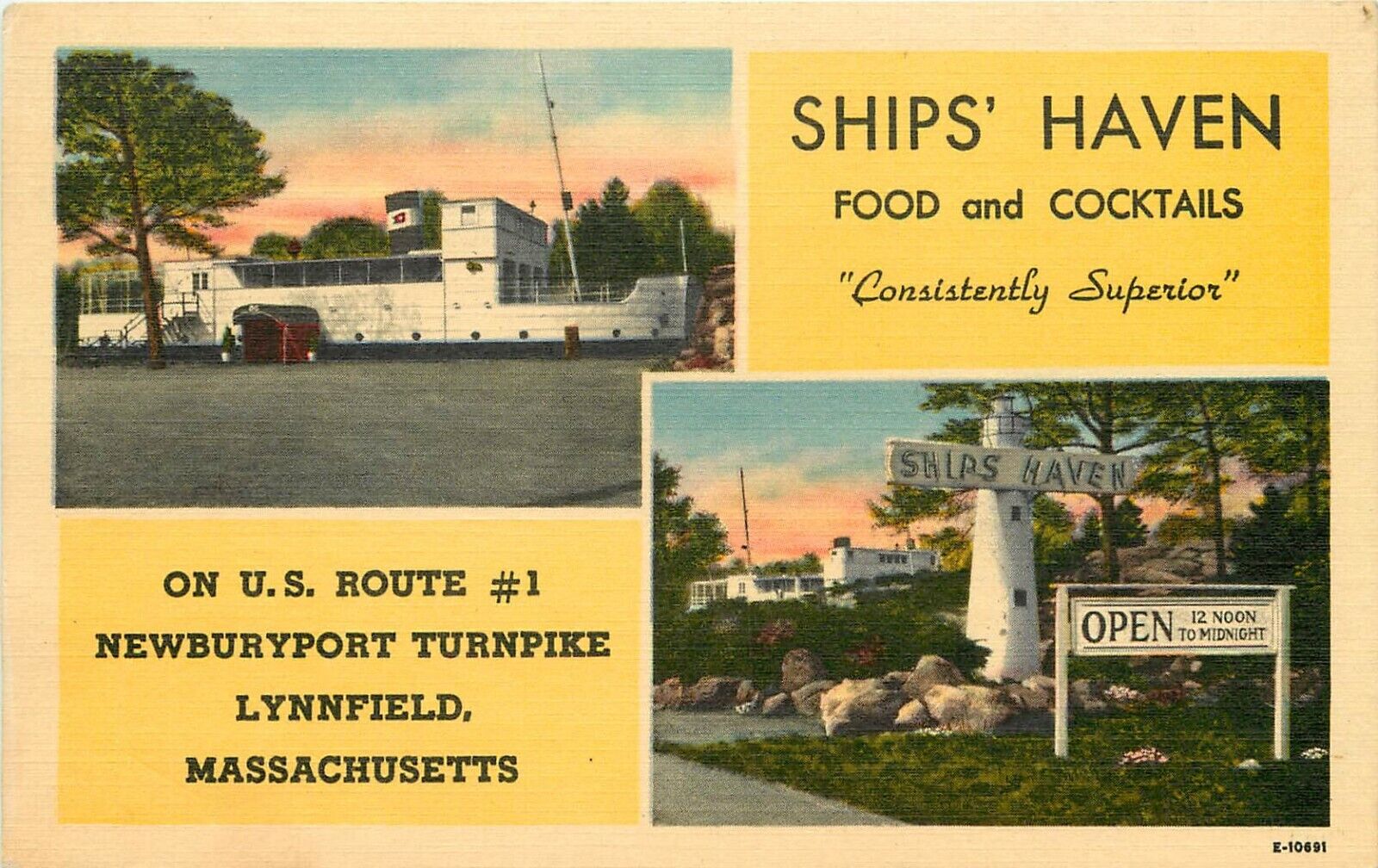Linen Split View Postcard Ships' Haven Restaurant Bar US 1, Lynnfield MA