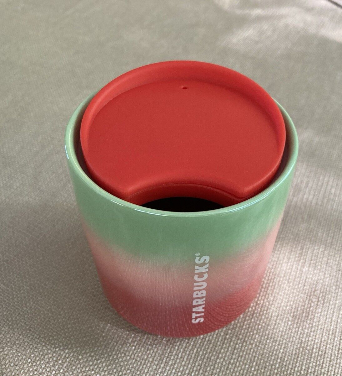STARBUCKS Travel Mug 8 oz w/Lid Pearl Red Pink Green Ombre Tumbler Ceramic 2020