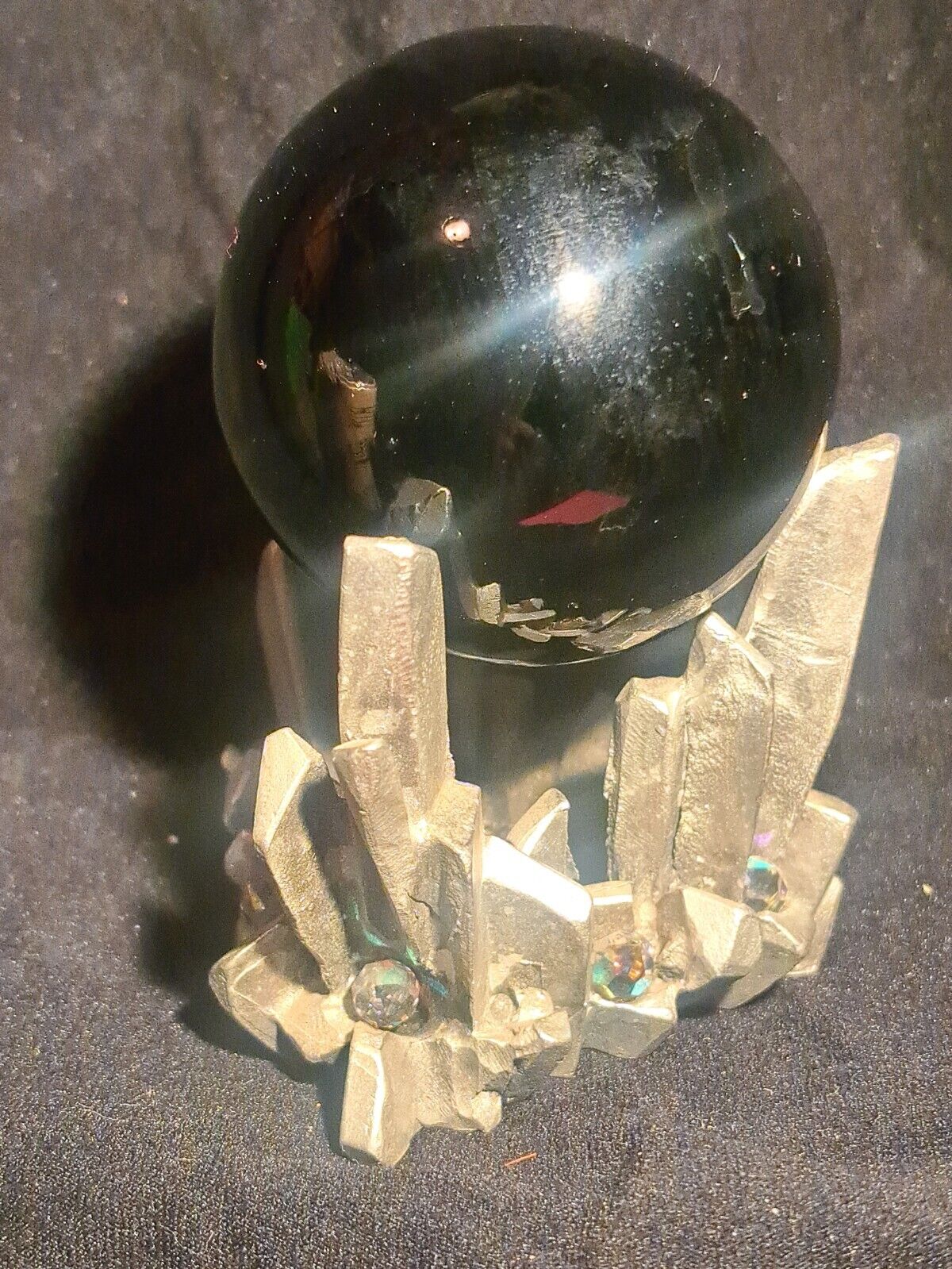 crystal ball holder made of perth pewter and crystal with black obsidian ball
