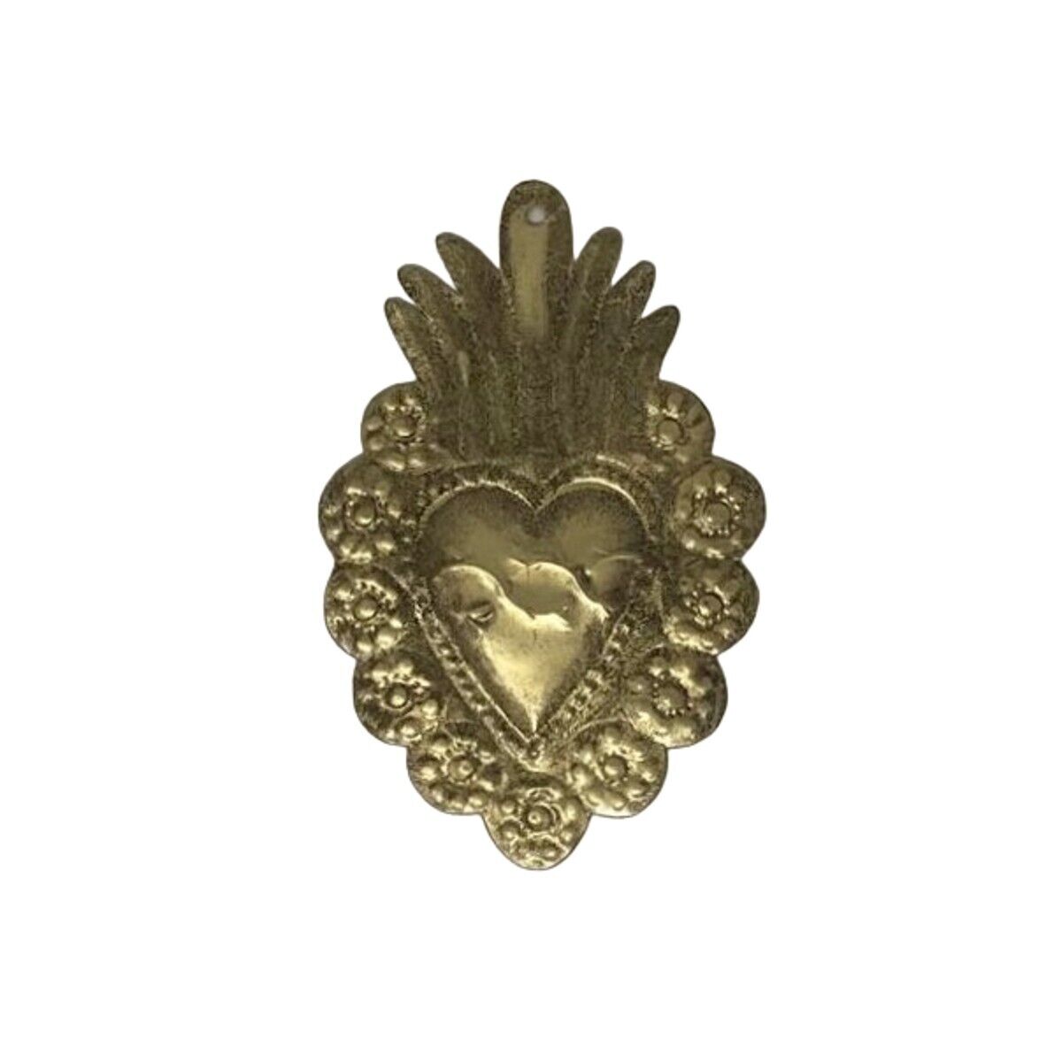 Rustic & Vintage Mexican Tin Folk Art, Gold Milagro Heart Tin Ornament, Hancut