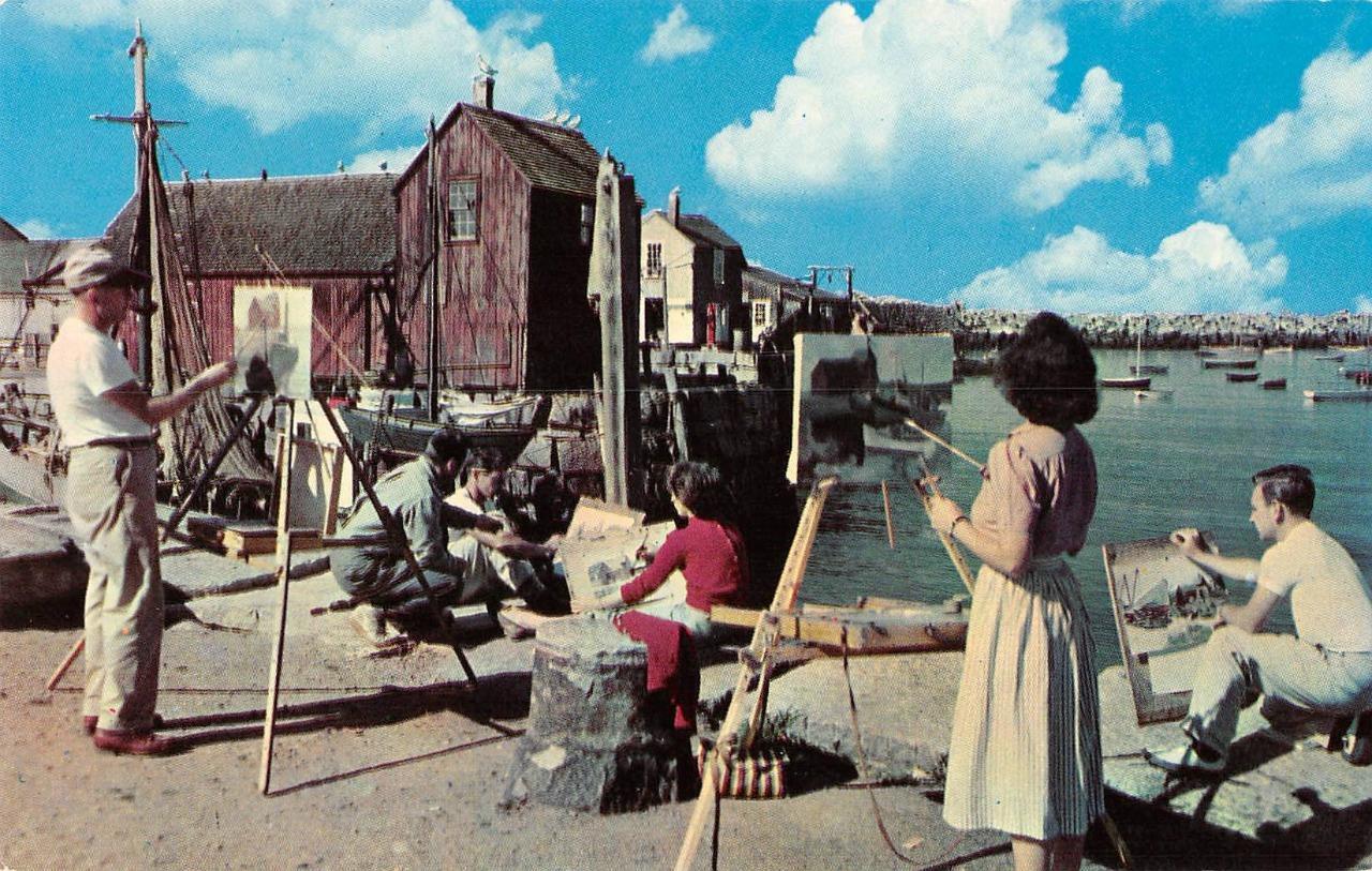 Outdoor Art Class ROCKPORT, MA Painting c1950s Chrome Vintage Postcard