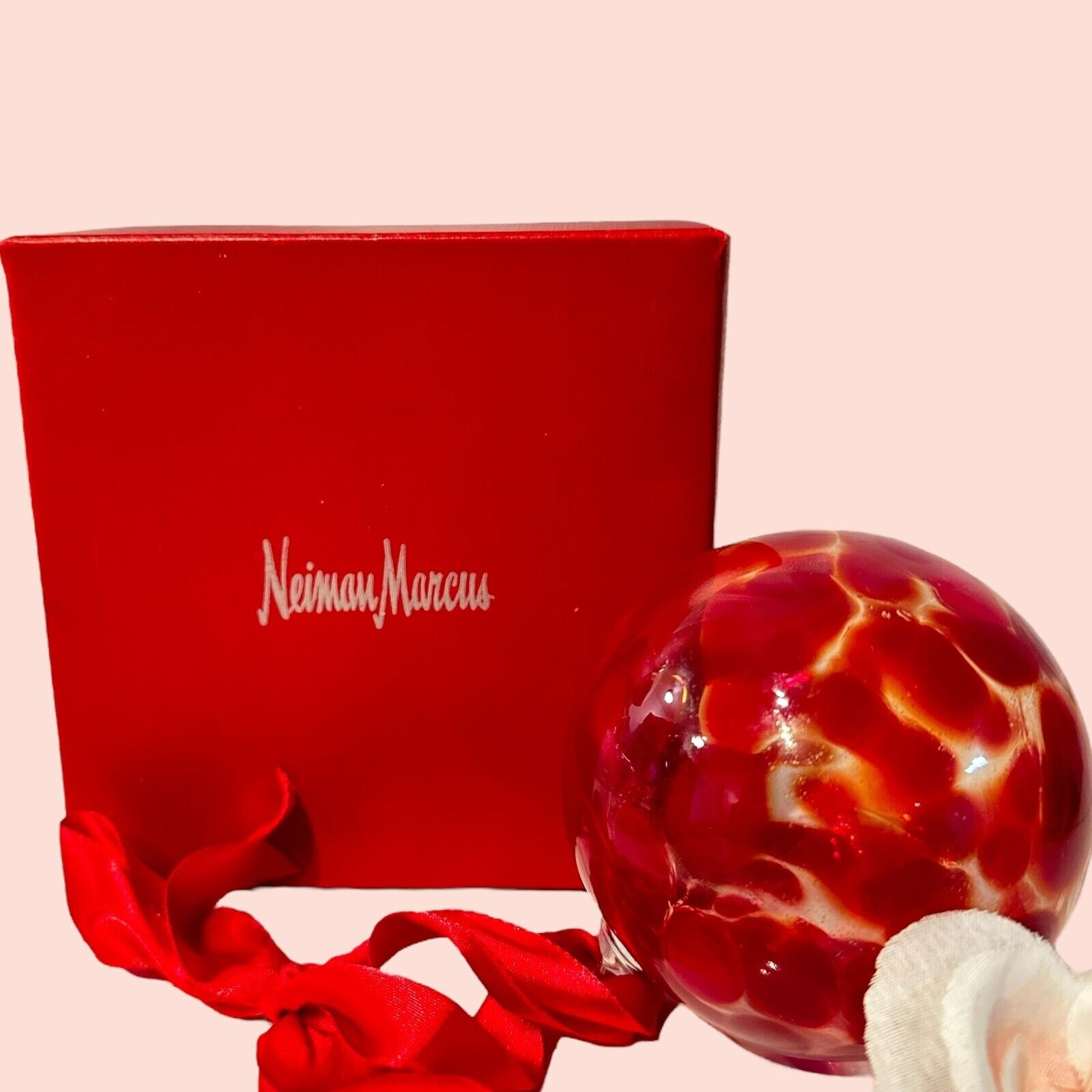 Vintage Neiman Marcus Red Handblown Art Glass Hanging Ball Ribbon & Original Box