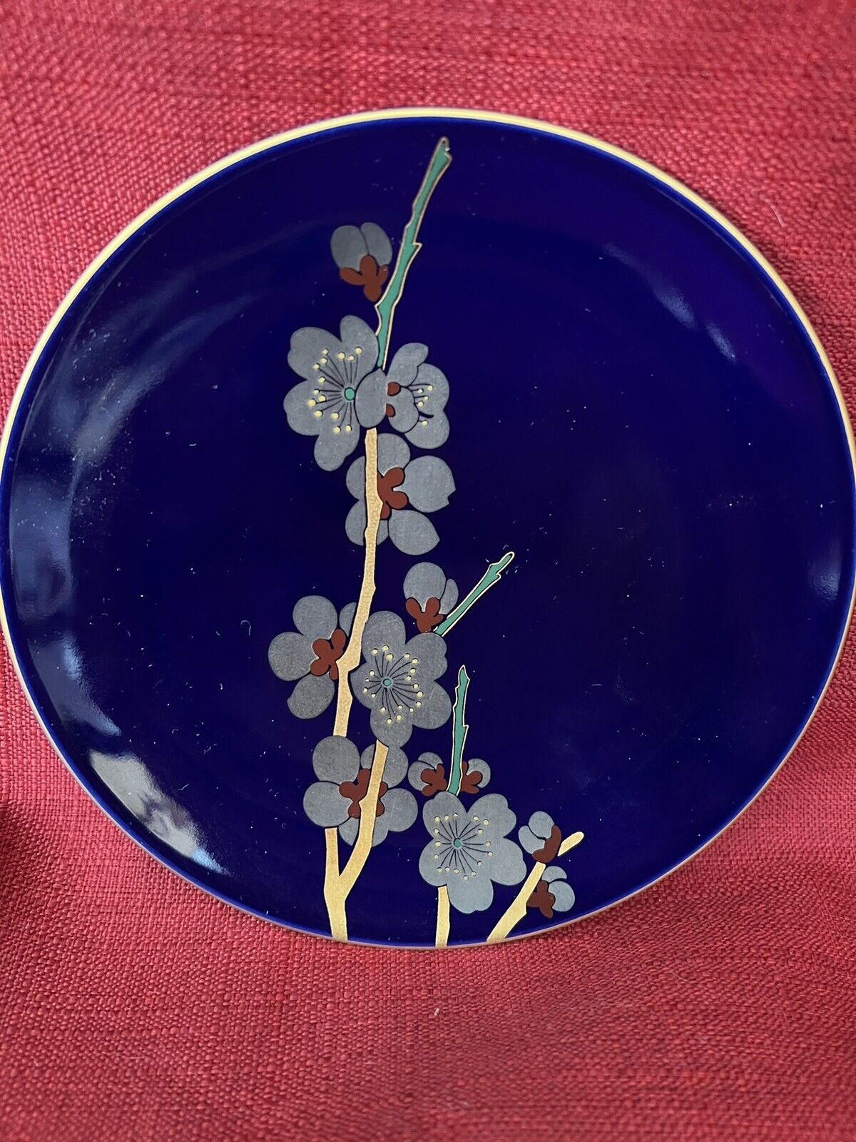 Fukagawa Arita Cobalt Blue Plate Cherry Blossoms Purveyor to Imperial Household