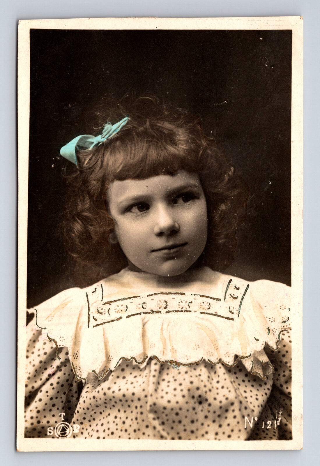 c1907 RPPC French Portrait of Young Girl Blue Bow STP Hand Colored Postcard