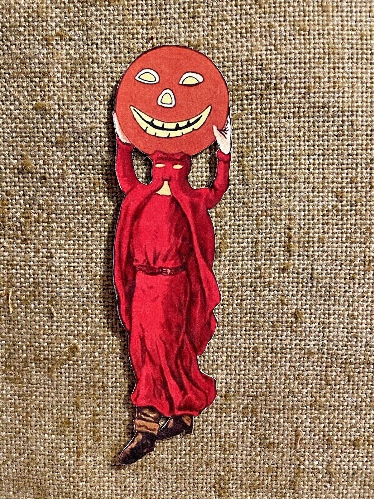 U Pick Vintage Inspired Red Devil Carries Pumpkin Halloween Cardstock Decoration