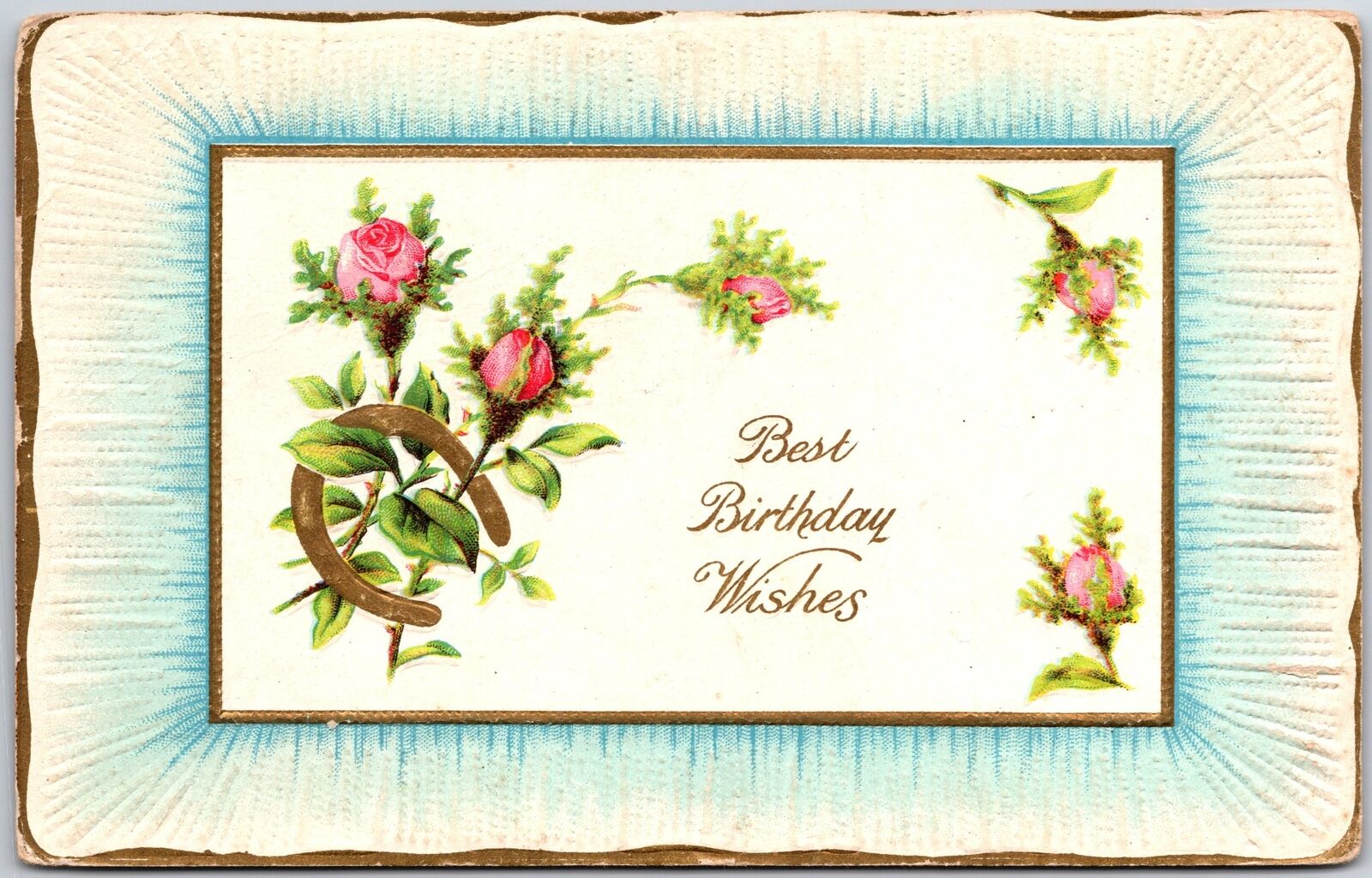 Best Birthday Wishes, Horseshoe & Pink Roses, Gold Border, Vintage Postcard