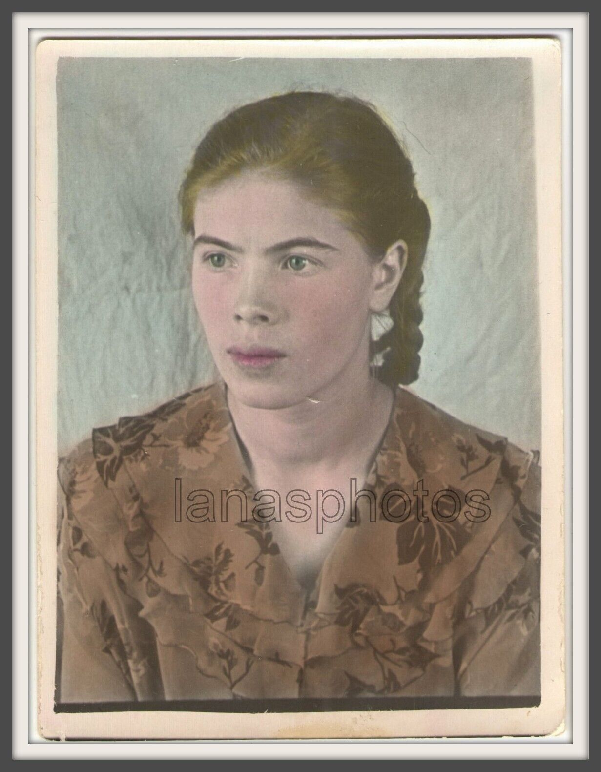 40s Beautiful young girl Hair Braids Backdrop Hand tinted colored original photo