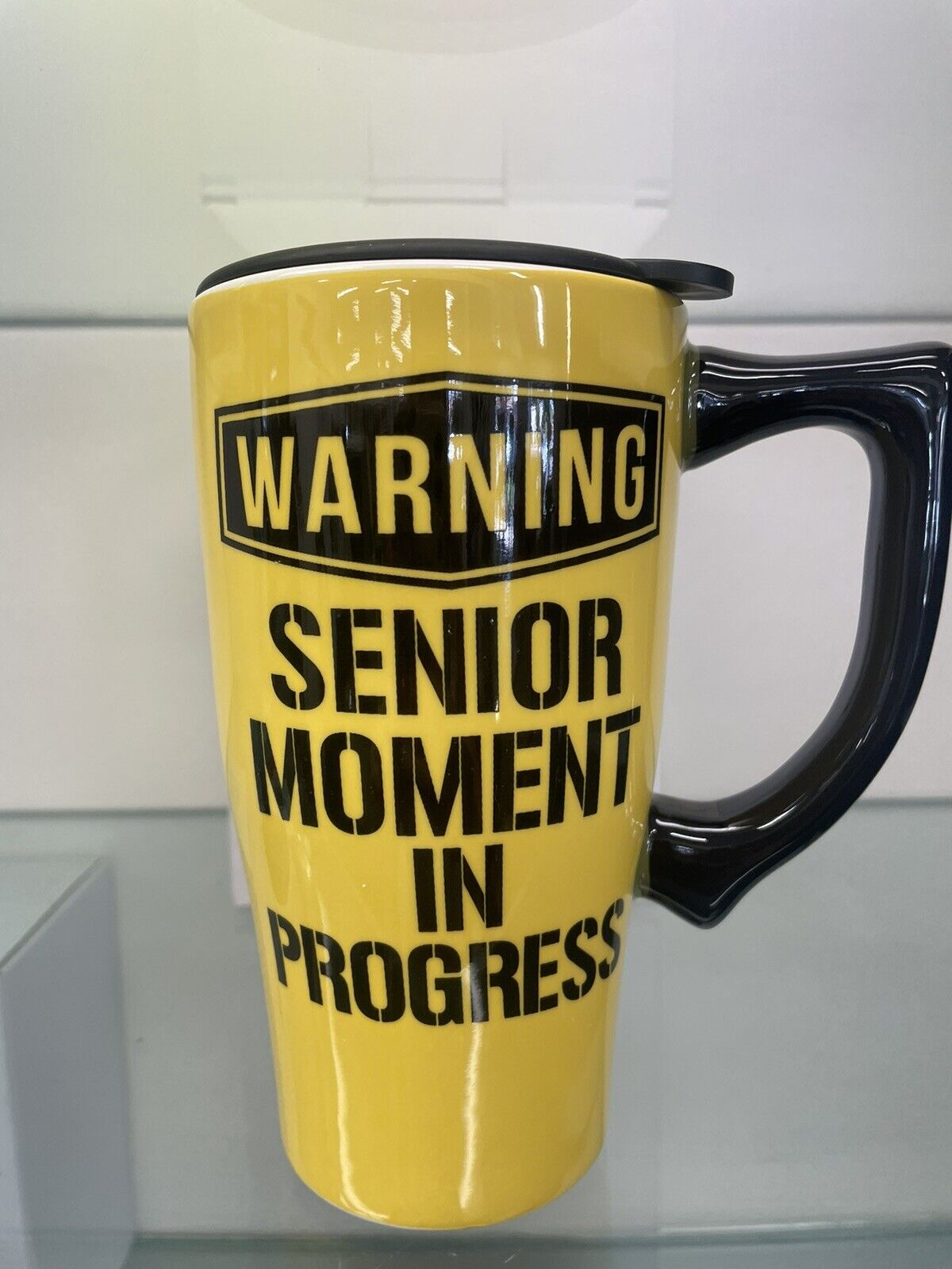 Senior Moment In Progress Yellow, Black Ceramic Coffee Travel Mug Cup 18oz 6.4\